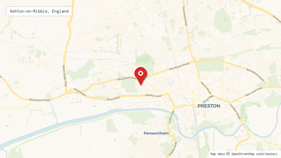 Street map of Ashton-on-Ribble, England with location pin