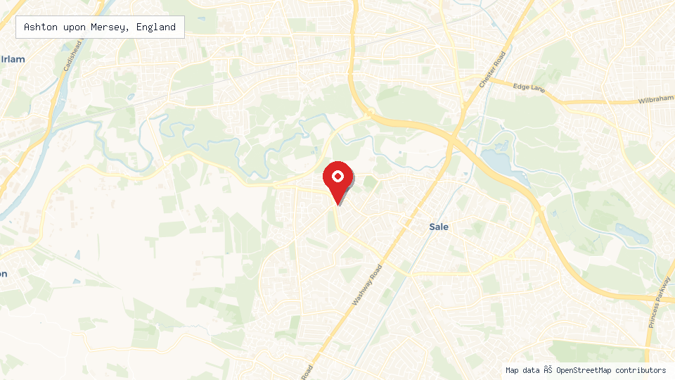Street map of Ashton upon Mersey, England with location pin