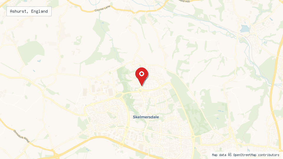 Street map of Ashurst, England with location pin