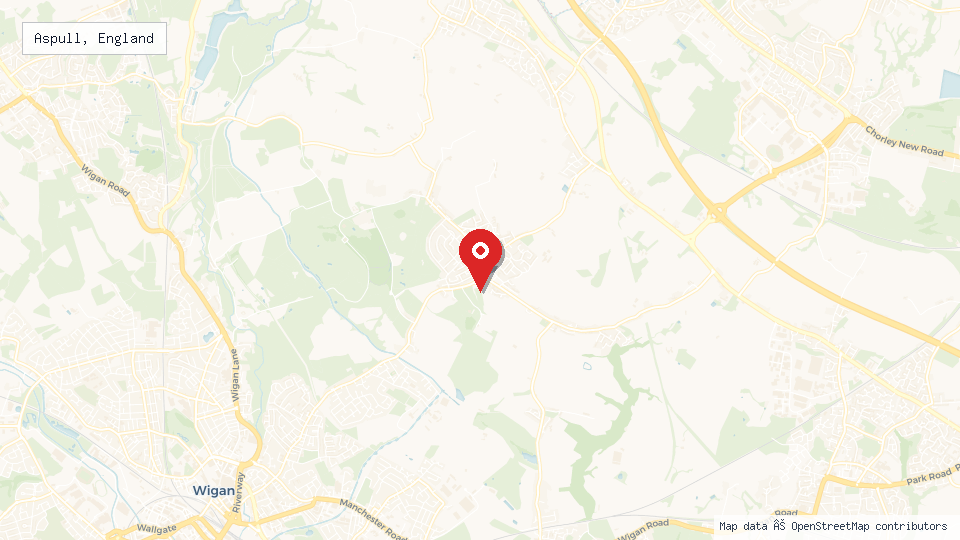 Street map of Aspull, England with location pin