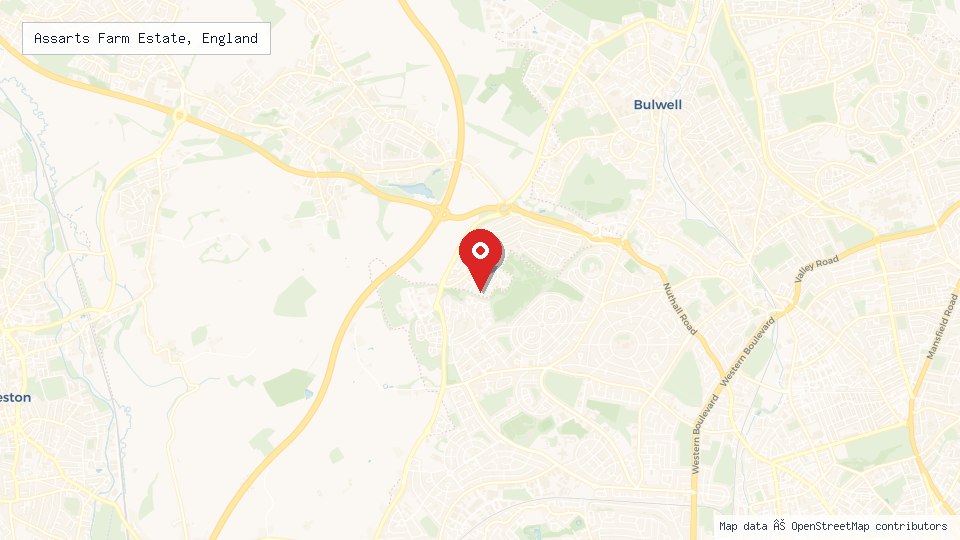 Street map of Assarts Farm Estate, England with location pin