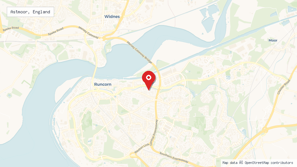Street map of Astmoor, England with location pin