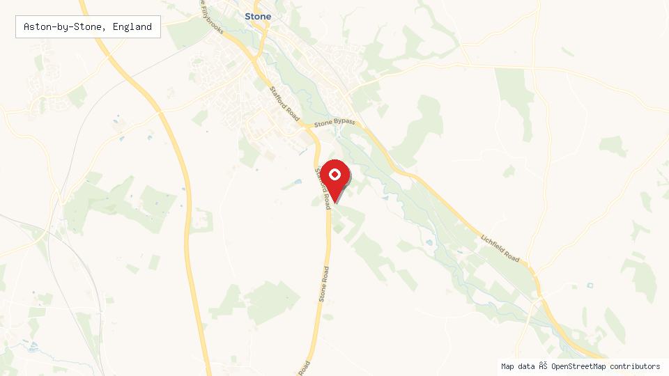 Street map of Aston-by-Stone, England with location pin