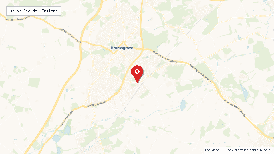 Street map of Aston Fields, England with location pin