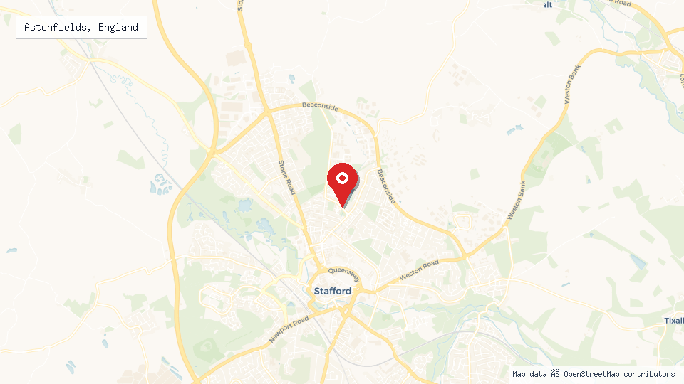 Street map of Astonfields, England with location pin
