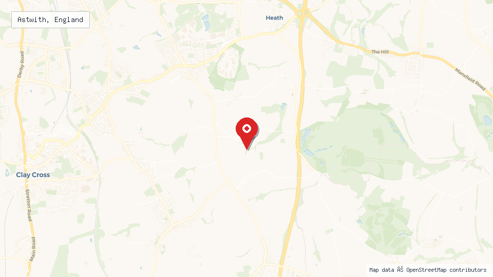 Street map of Astwith, England with location pin