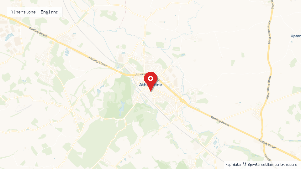 Street map of Atherstone, England with location pin