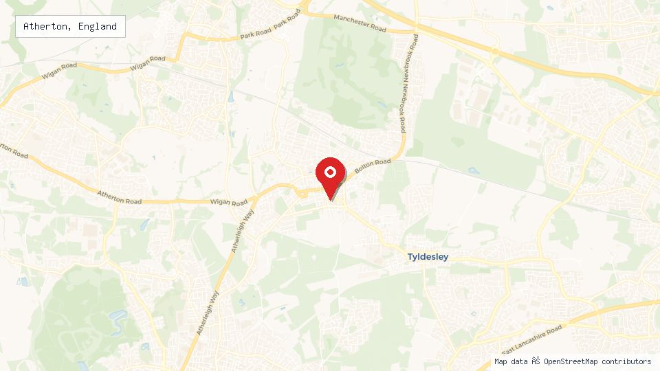 Street map of Atherton, England with location pin
