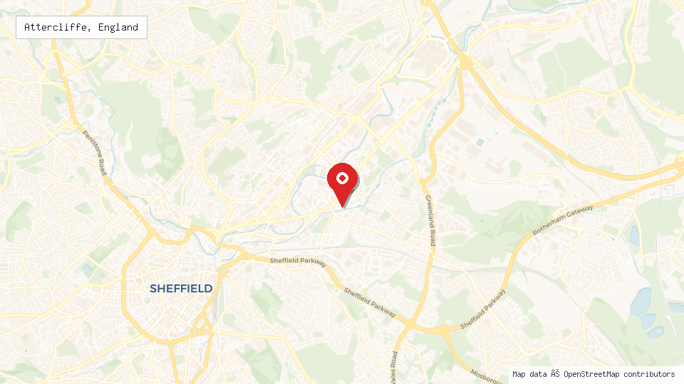 Street map of Attercliffe, England with location pin