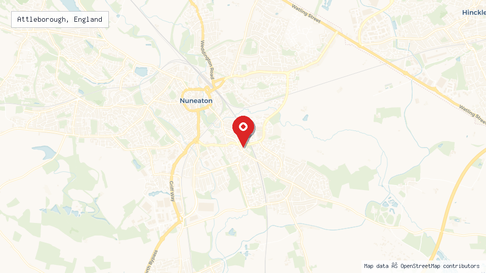 Street map of Attleborough, England with location pin