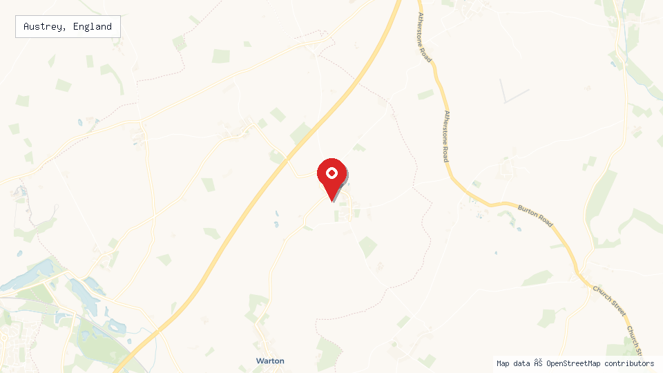 Street map of Austrey, England with location pin