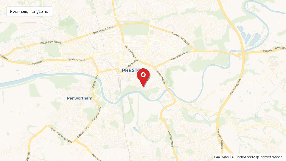 Street map of Avenham, England with location pin