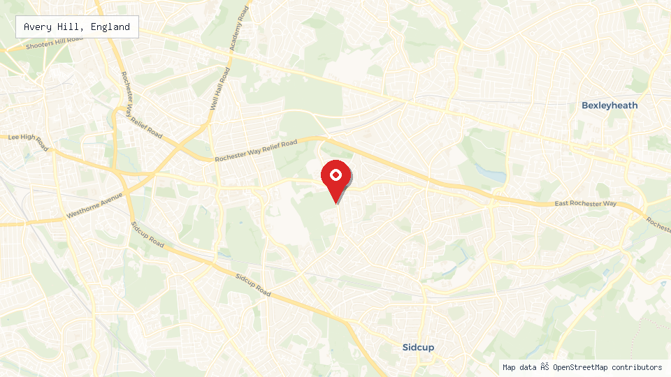 Street map of Avery Hill, England with location pin