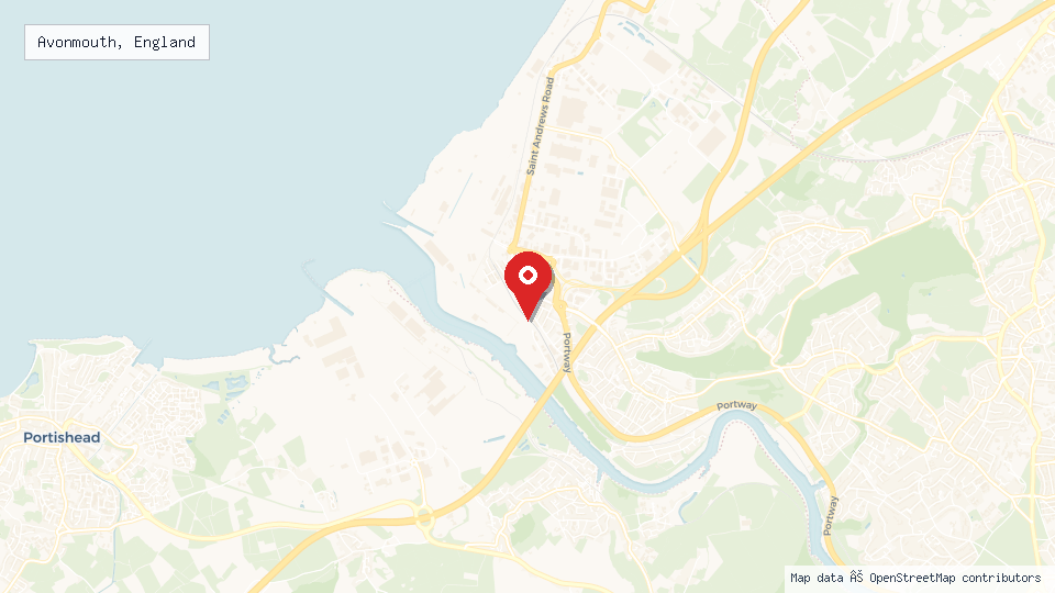 Street map of Avonmouth, England with location pin