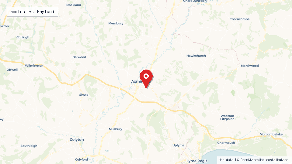 Street map of Axminster, England with location pin