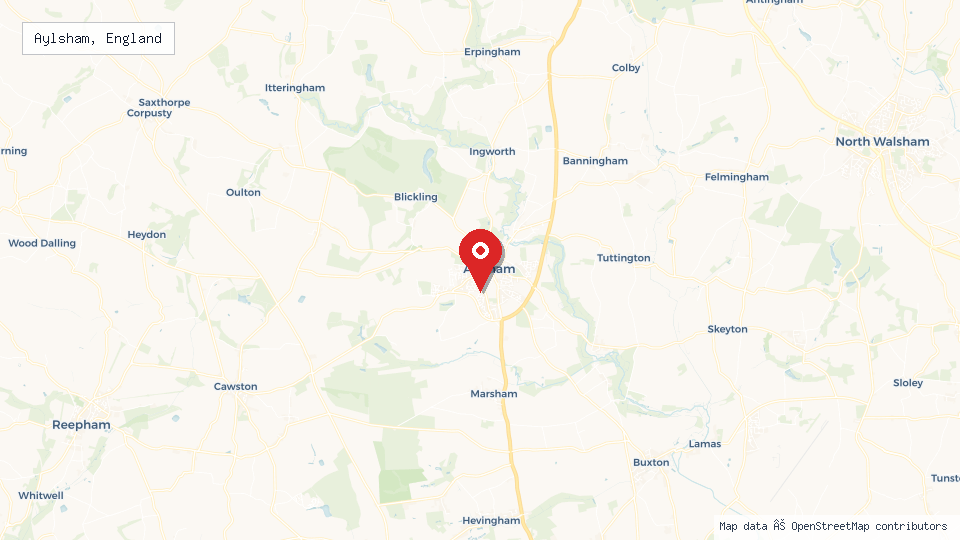 Street map of Aylsham, England with location pin