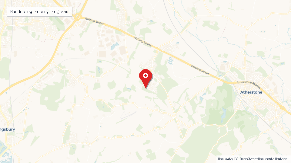 Street map of Baddesley Ensor, England with location pin