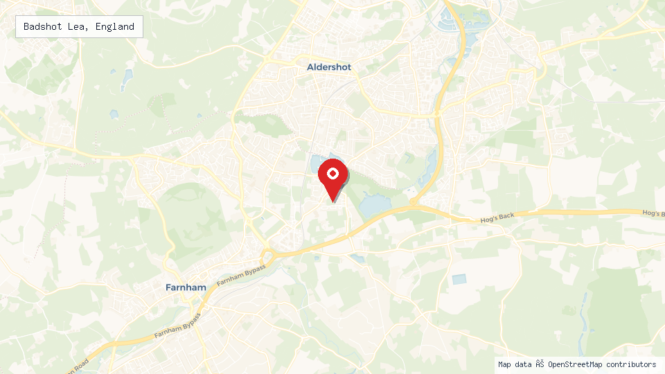 Street map of Badshot Lea, England with location pin