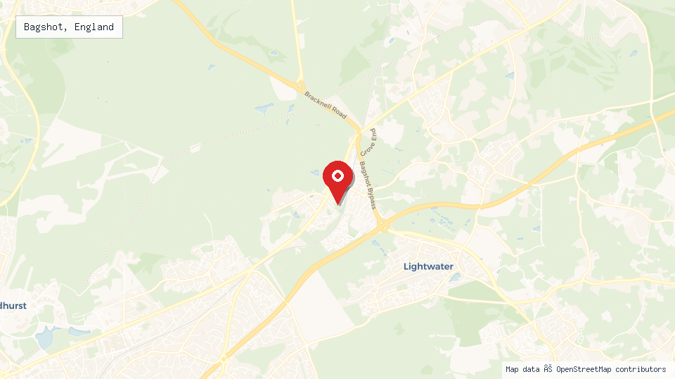 Street map of Bagshot, England with location pin