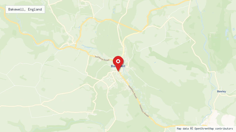 Street map of Bakewell, England with location pin