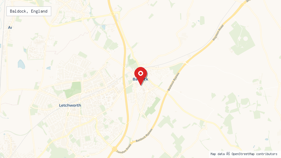 Street map of Baldock, England with location pin