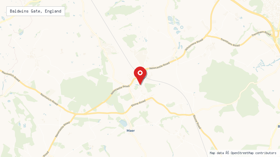 Street map of Baldwins Gate, England with location pin