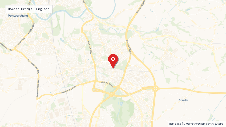 Street map of Bamber Bridge, England with location pin