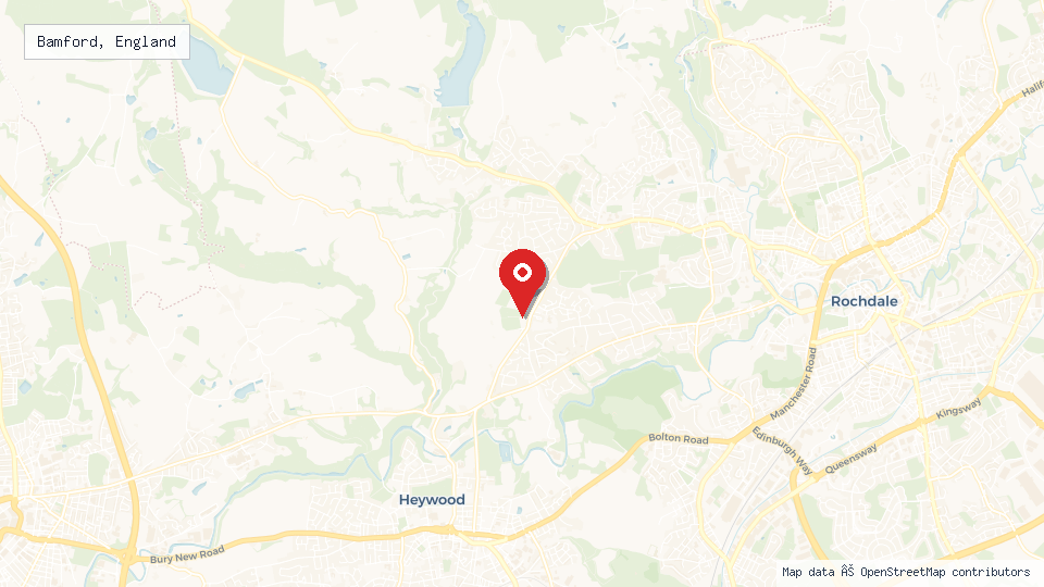Street map of Bamford, England with location pin