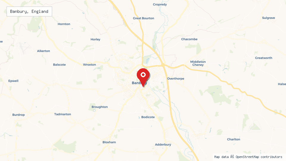 Street map of Banbury, England with location pin