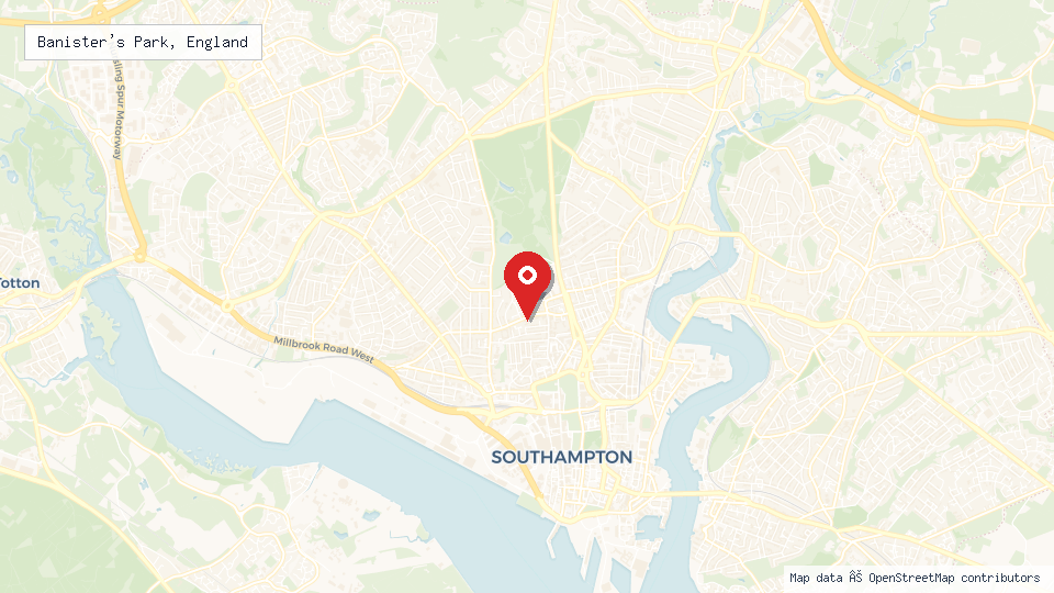 Street map of Banister's Park, England with location pin