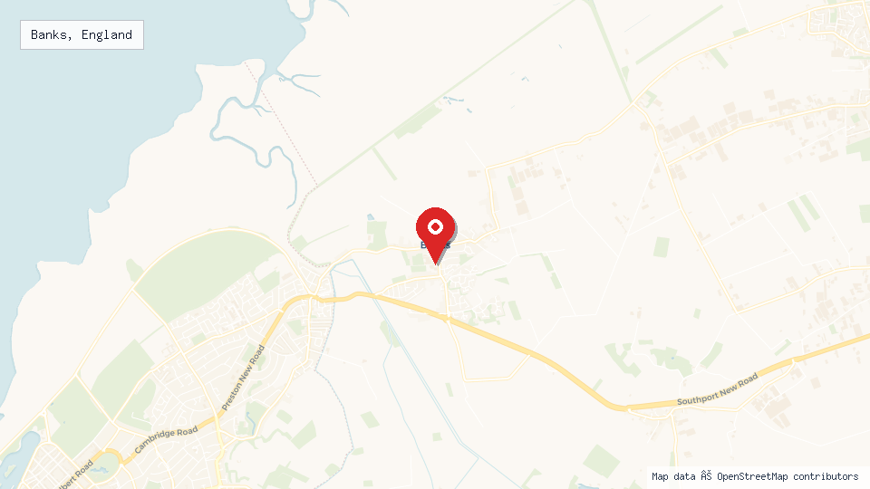 Street map of Banks, England with location pin