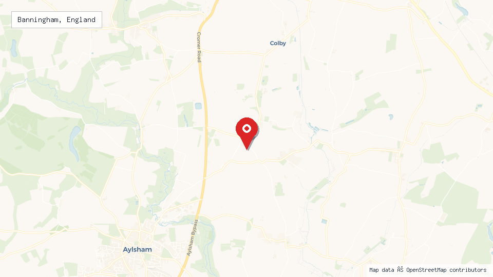 Street map of Banningham, England with location pin