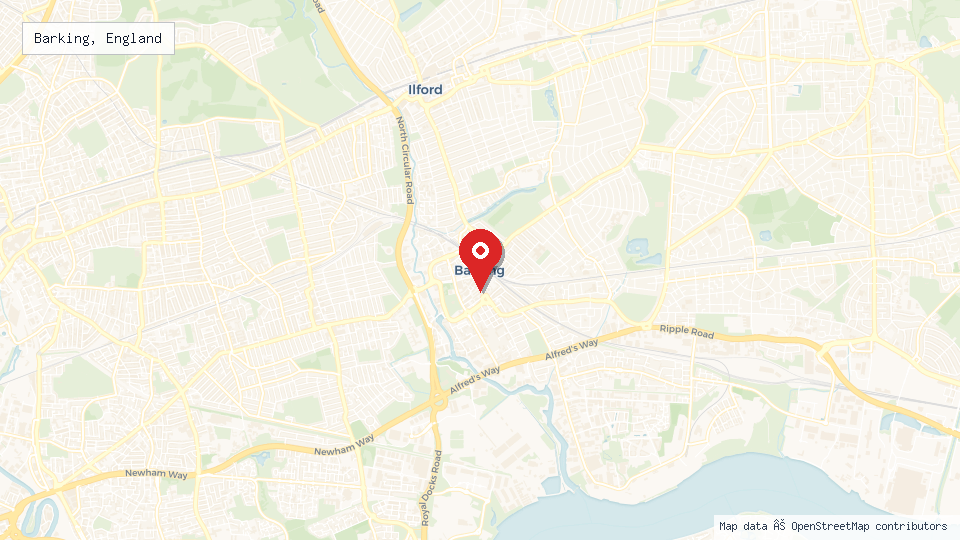 Street map of Barking, England with location pin