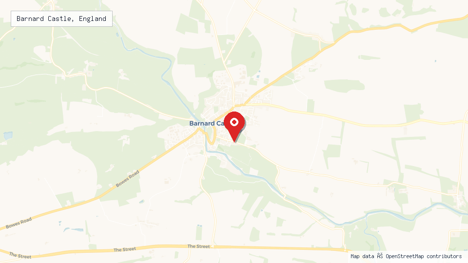 Street map of Barnard Castle, England with location pin