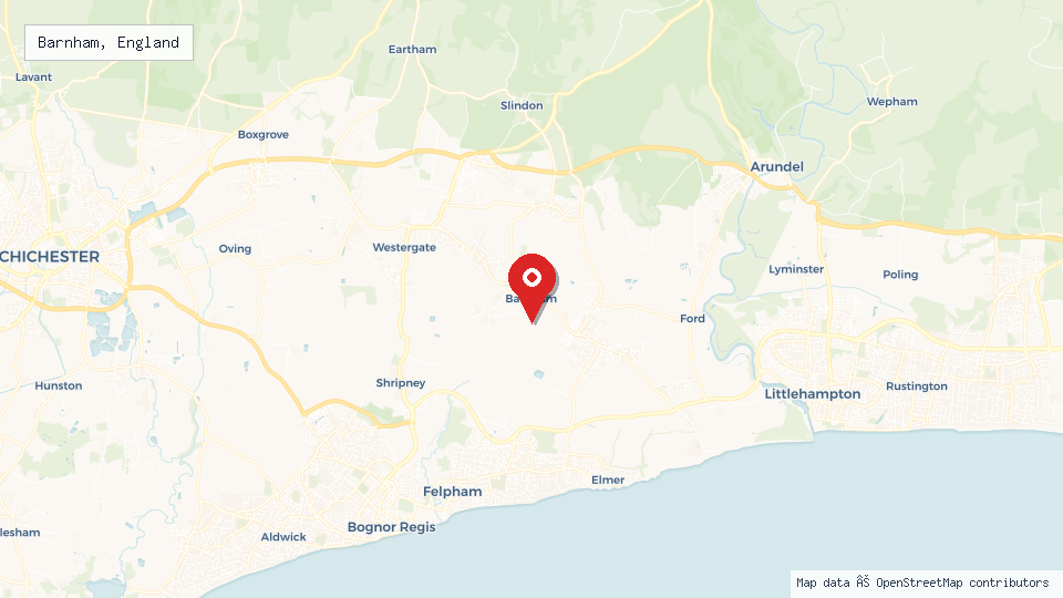 Street map of Barnham, England with location pin