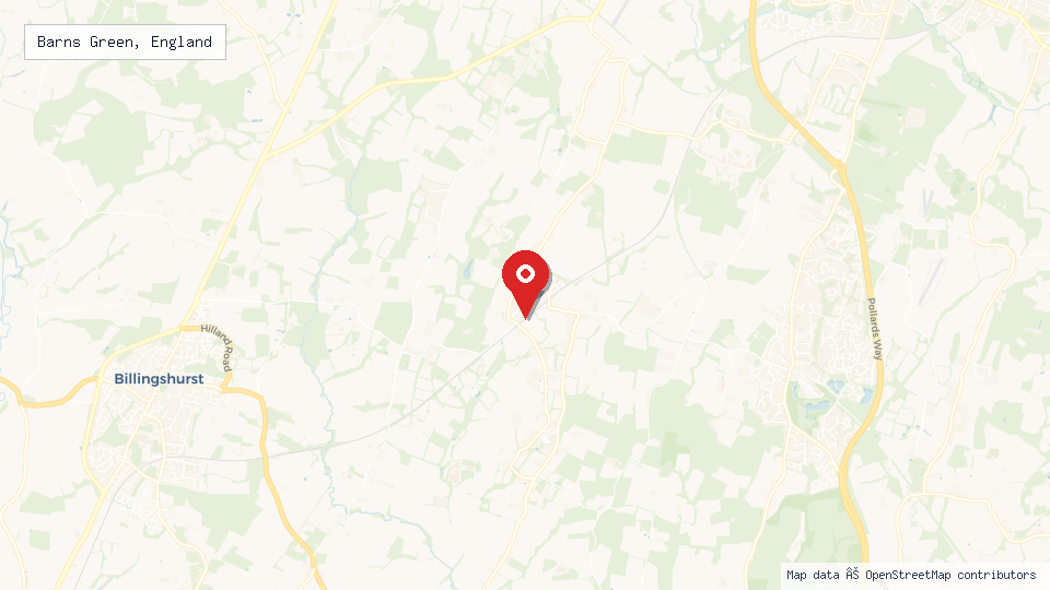 Street map of Barns Green, England with location pin