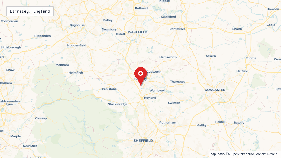 Street map of Barnsley, England with location pin
