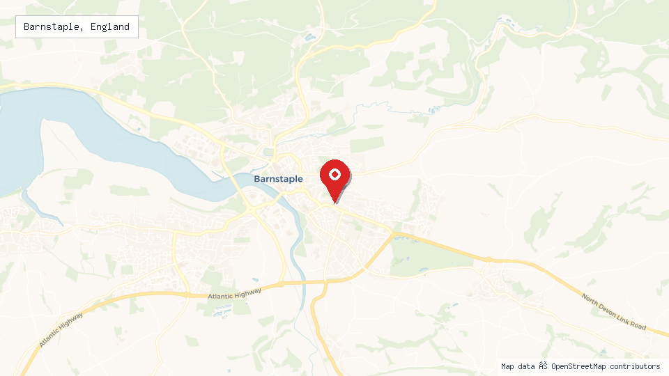 Street map of Barnstaple, England with location pin