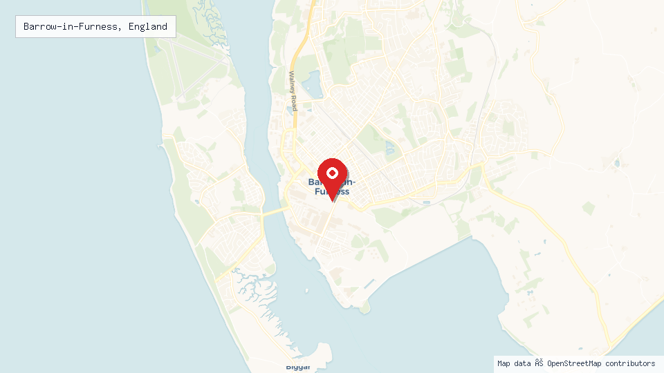 Street map of Barrow-in-Furness, England with location pin