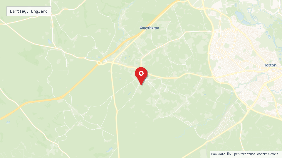 Street map of Bartley, England with location pin