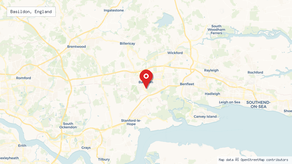Street map of Basildon, England with location pin