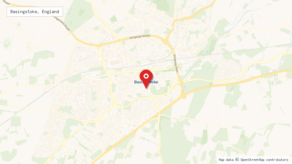 Street map of Basingstoke, England with location pin