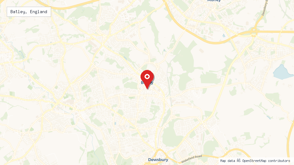 Street map of Batley, England with location pin