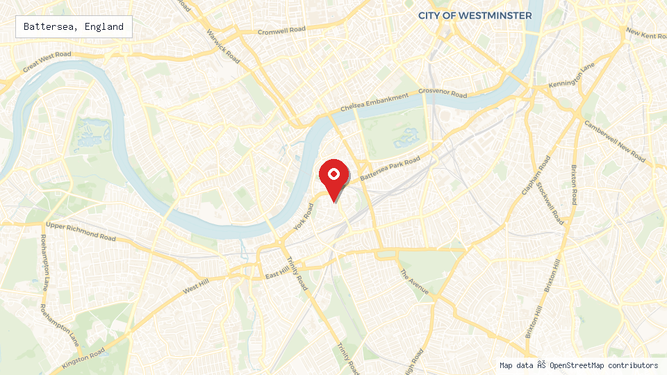 Street map of Battersea, England with location pin