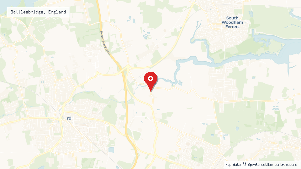 Street map of Battlesbridge, England with location pin