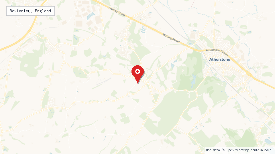 Street map of Baxterley, England with location pin