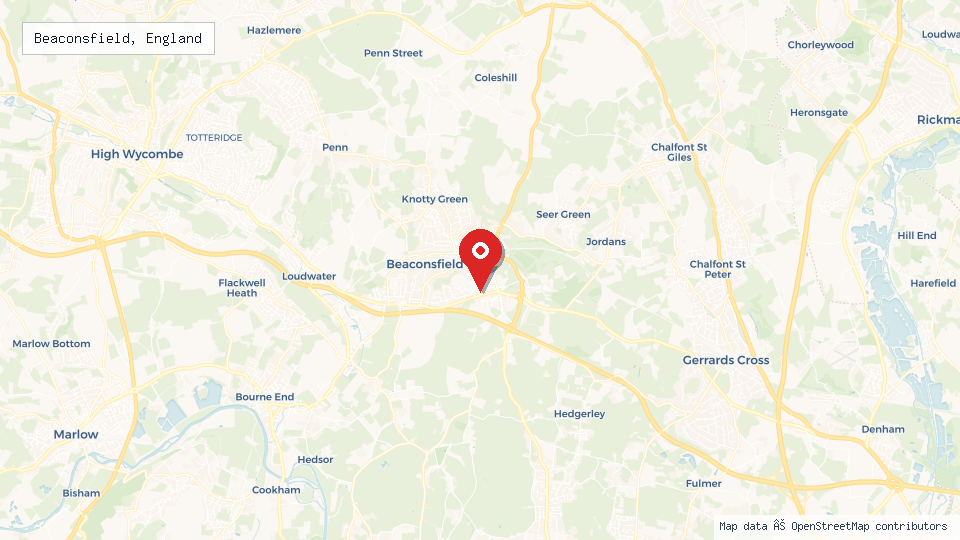 Street map of Beaconsfield, England with location pin