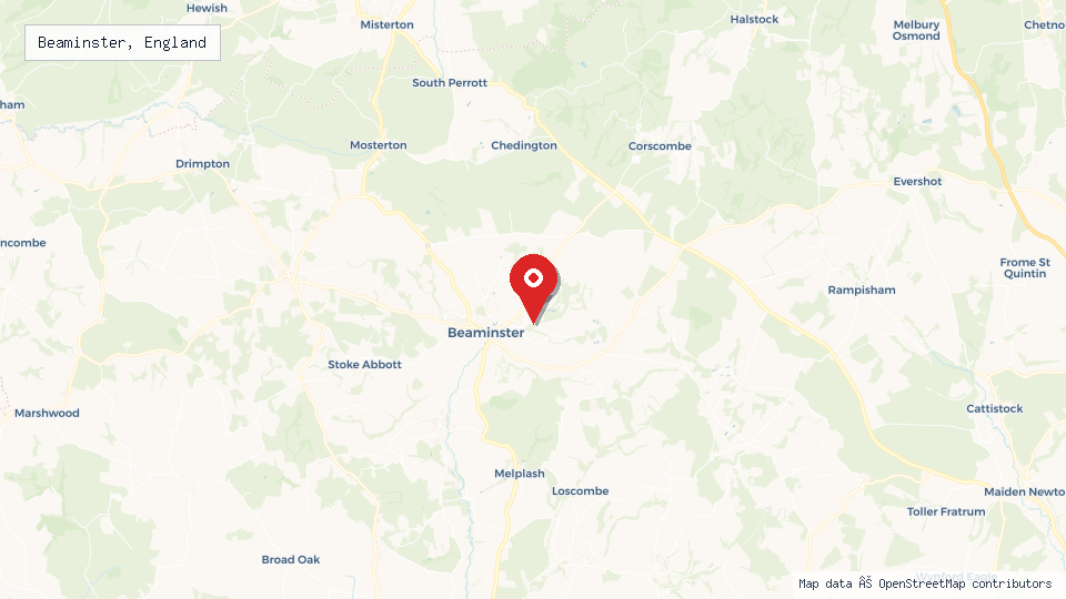 Street map of Beaminster, England with location pin