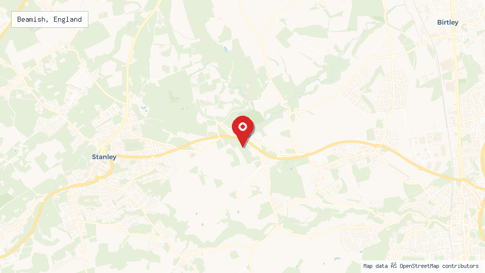 Street map of Beamish, England with location pin
