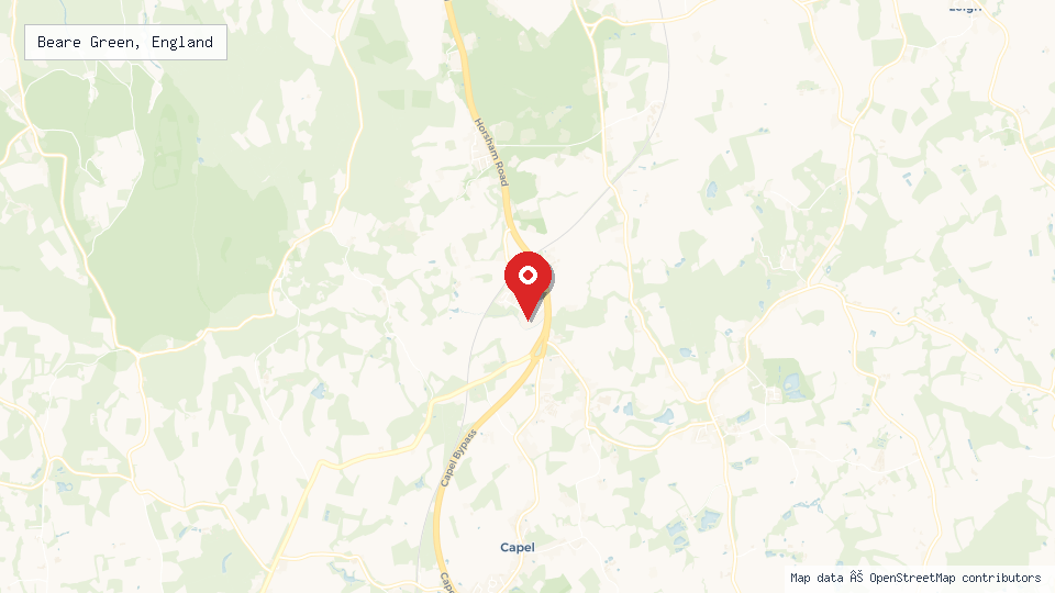 Street map of Beare Green, England with location pin